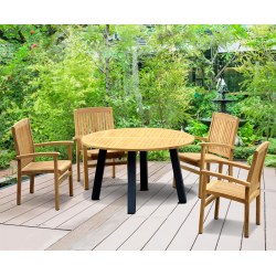 Disk Teak and Steel Round Table 1.3m & 4 Bali Stacking Chairs