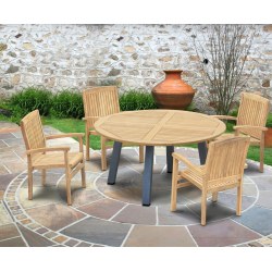 Disk Teak and Steel Round Table 1.5m & 4 Bali Stacking Chairs