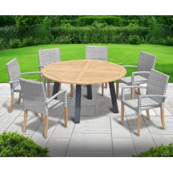 Disk Teak and Steel Round Table 1.5m & 6 St. Tropez Stacking Chairs