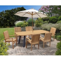 Disk Teak and Steel Oval Table 2.2m & 6 Bali Stacking Armchairs