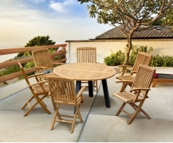 Disk Teak and Steel Round Table 1.3m & 6 Bali Folding Chairs