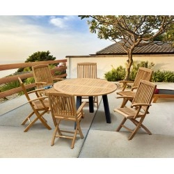 Disk Teak and Steel Round Table 1.3m & 6 Bali Folding Chairs