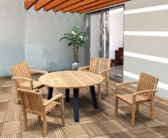 Disk Teak and Steel Round Table 1.3m & 4 Monaco Stacking Chairs