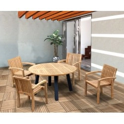 Disk Teak and Steel Round Table 1.3m & 4 Monaco Stacking Chairs