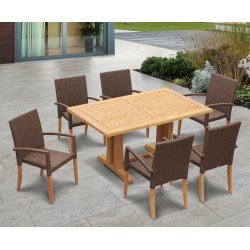Cadogan Teak Pedestal Table 1.5m & 6 St. Tropez Rattan Stacking Chairs