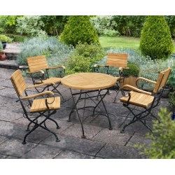 Teak Folding Bistro Round 0.8m Table & 4 Armchairs Dining Set